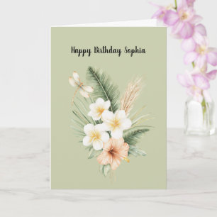 Tarjeta Cumpleaños Dragona Verde Tropical Melocotón Hibisc