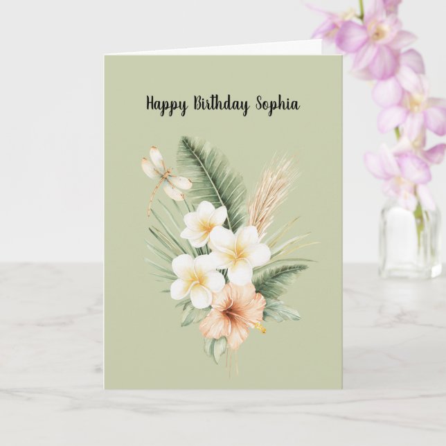 Tarjeta Cumpleaños Dragona Verde Tropical Melocotón Hibisc (Orquídea)