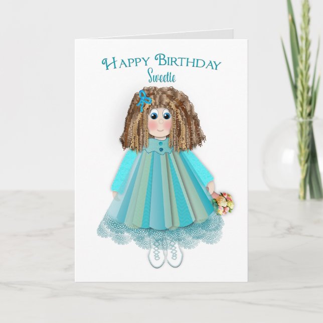Tarjeta Cumpleaños, dulce, muñeca bebé y casa de muñecas (Anverso)