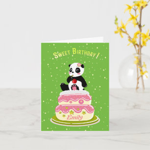 Tarjeta Cumpleaños dulce / Panda lindo con pastel y cereza