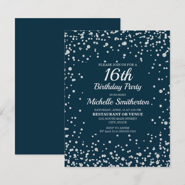 Tarjeta Cumpleaños Dulces 16 Navy Azul Plateado Brillante (Anverso / Reverso)