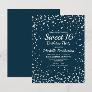 Tarjeta Cumpleaños Dulces 16 Navy Azul Plateado Brillante