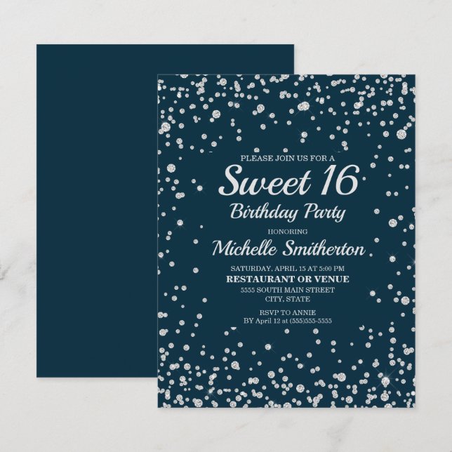 Tarjeta Cumpleaños Dulces 16 Navy Azul Plateado Brillante (Anverso / Reverso)