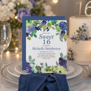 Tarjeta Cumpleaños Dulces 16 Navy Azul Verde Floral
