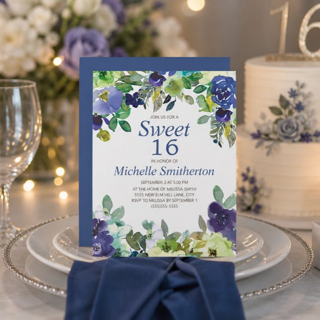 Tarjeta Cumpleaños Dulces 16 Navy Azul Verde Floral (Navy blue and green floral Sweet 16 invitation)