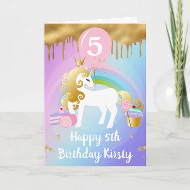 Tarjeta Cumpleaños Dulces Unicornio Dorado y Blanco Lindo (Anverso)