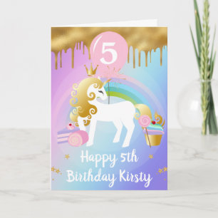 Tarjeta Cumpleaños Dulces Unicornio Dorado y Blanco Lindo