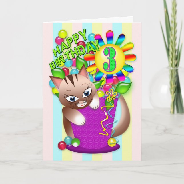 Tarjeta Cumpleaños - Edad 3 - Gato Kitty Celebrando (Anverso)