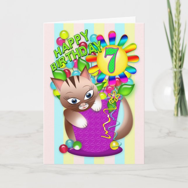Tarjeta Cumpleaños - Edad 7 - Gato Kitty Celebrando (Anverso)