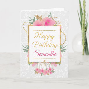 Tarjeta Cumpleaños elegante con flores rosadas y doradas