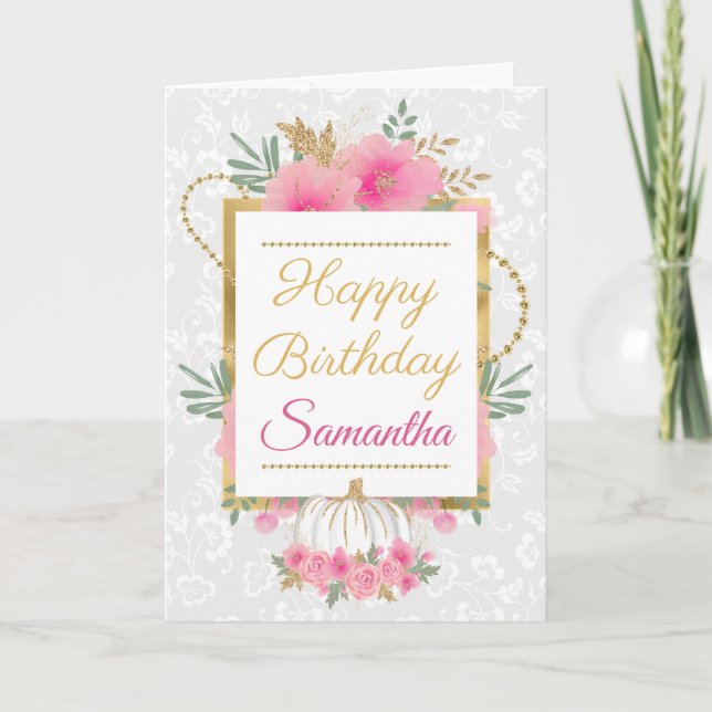Tarjeta Cumpleaños elegante con flores rosadas y doradas (Anverso)