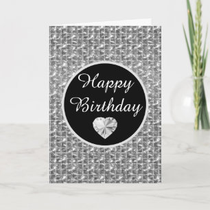 Tarjeta Cumpleaños Elegante Cuadrado Brillante Negro y Pla