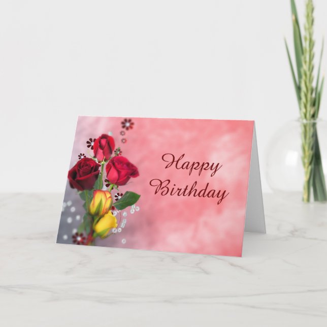 Tarjeta Cumpleaños elegante de los rosas rojos y amarillos (Anverso)