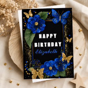 Tarjeta Cumpleaños Elegante Mariposa Dorada Floral Azul