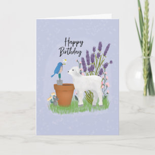Tarjeta Cumpleaños en el jardín con ovejas y pájaros