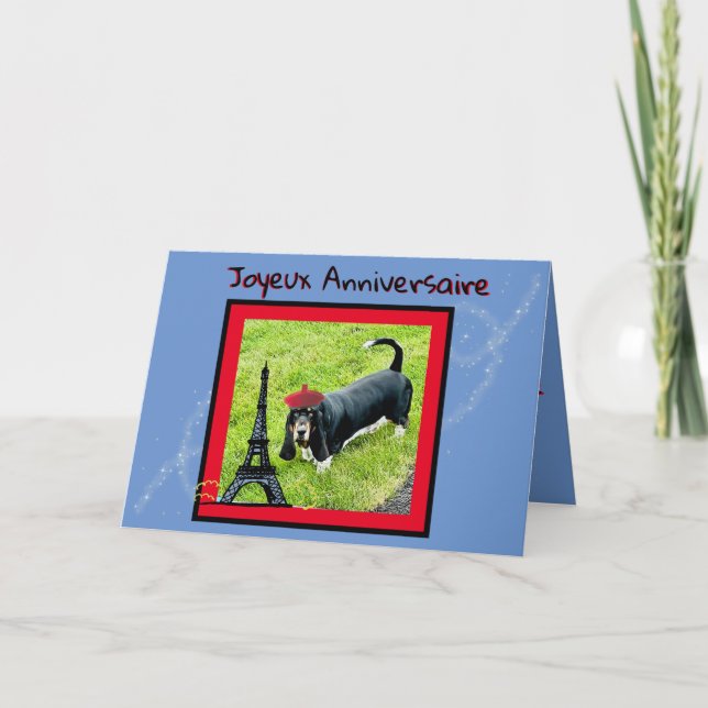 Tarjeta Cumpleaños En Francés W/Basset, Beret, Torre Eiffe (Anverso)