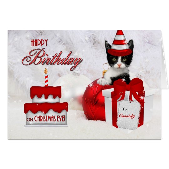 Tarjeta Cumpleaños en gato y la torta de la Nochebuena