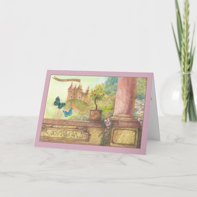 Tarjeta cumpleaños encantador del castillo mágico (Anverso)