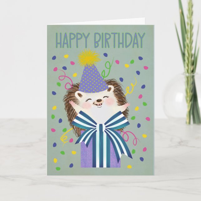 Tarjeta Cumpleaños Erizo Alegría con Regalo (Anverso)