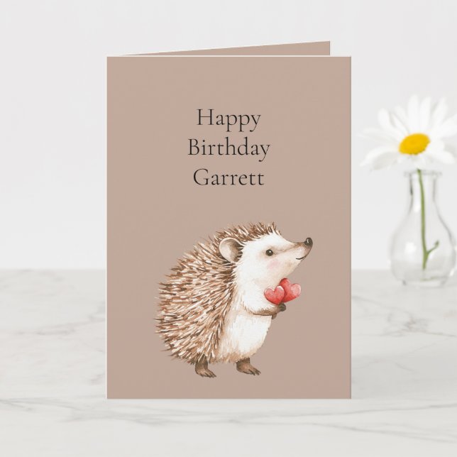 Tarjeta Cumpleaños Erizo Corazones Rojos Crema Marrón Coco (Planta pequeña)
