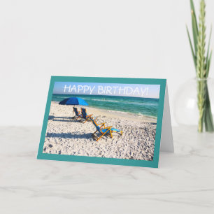 Tarjeta Cumpleaños! - Escena florida de tumbonas azules