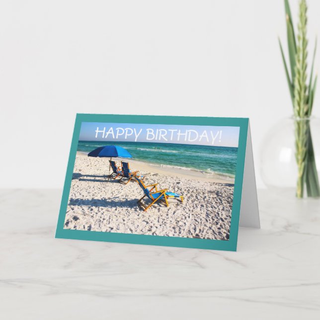 Tarjeta Cumpleaños! - Escena florida de tumbonas azules (Anverso)