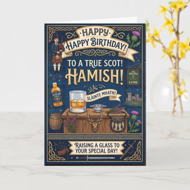 Tarjeta Cumpleaños escocés de Hamish (flor amarilla)
