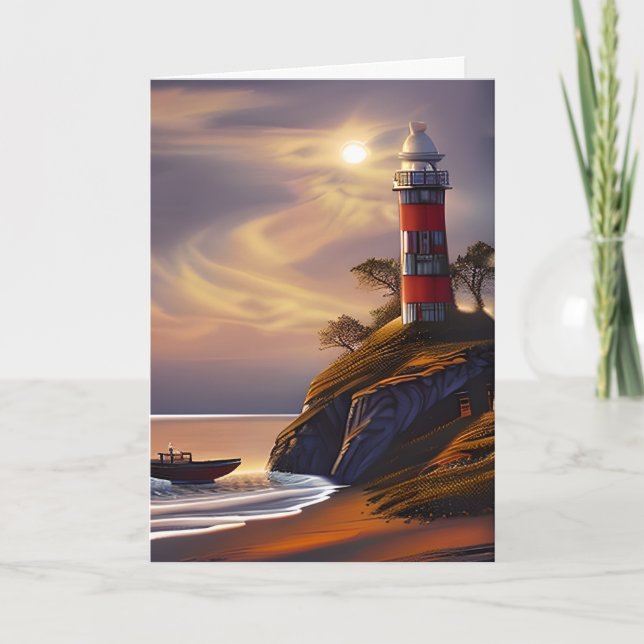 Tarjeta Cumpleaños | Faro de Bonito y puesta de sol (Anverso)