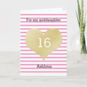 Tarjeta Cumpleaños feliz 16 de mi ahijada rosa y dorado