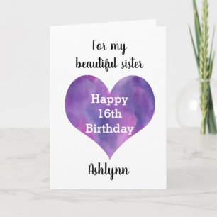 Tarjeta Cumpleaños Feliz 16 Hermana Corazón Púrpura Acuare