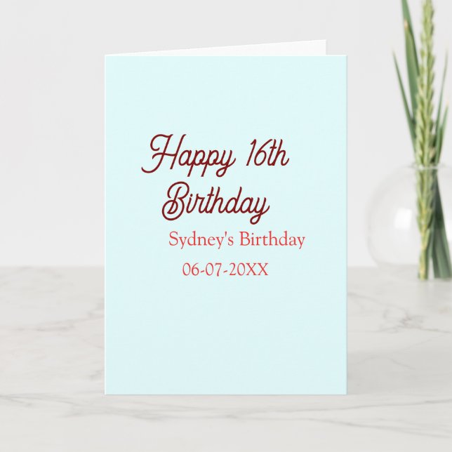 Tarjeta Cumpleaños feliz 16 pastel azul rojo nombre fecha  (Anverso)