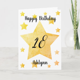 Tarjeta Cumpleaños Feliz 18 Estrellas Acuarela Doradas