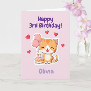 Tarjeta Cumpleaños Feliz 3º Personalizado Niña, Gatito Ado