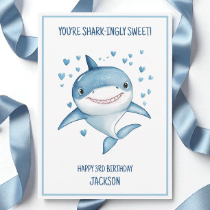 Tarjeta Cumpleaños Feliz 3 Niños Lindos Tiburón Azul Perso