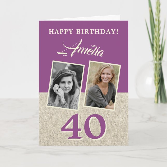 Tarjeta Cumpleaños Feliz 40 Rustico Morado 2 Fotos (Anverso)