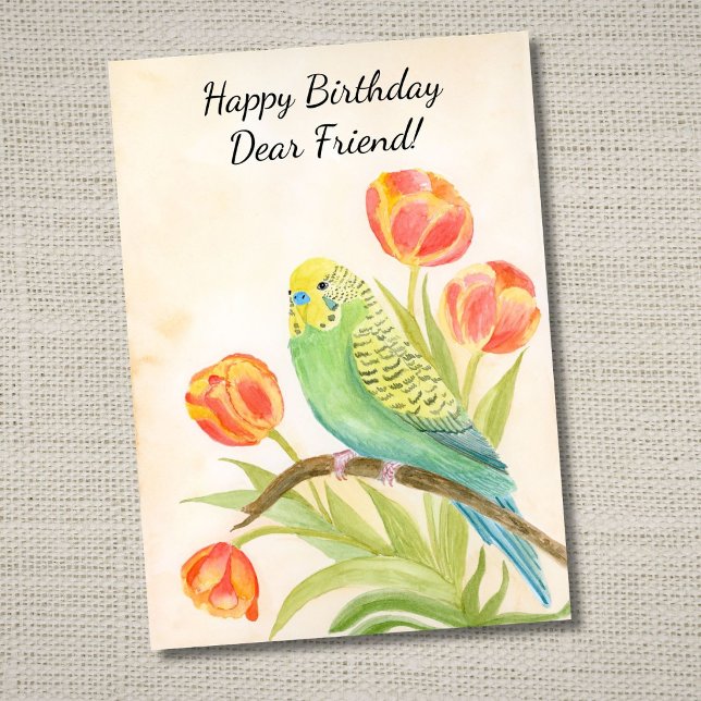 Tarjeta Cumpleaños Feliz Amigo Periquito con Tulipanes (Subido por el creador)