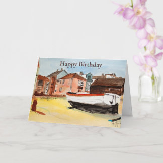 Tarjeta Cumpleaños Feliz Barco Pesquero y Cabañas de Aldeb