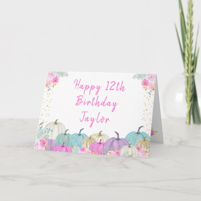 Tarjeta Cumpleaños Feliz Calabazas Florales Pastel (Anverso)