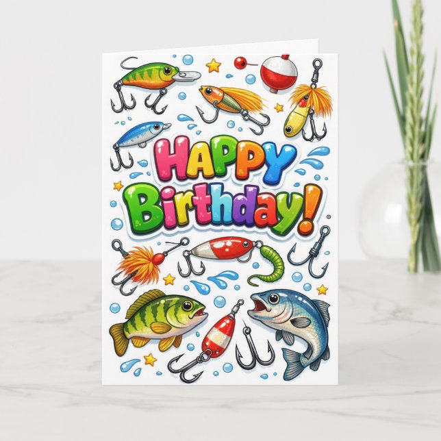 Tarjeta Cumpleaños Feliz Cebos y Anzuelos para Pescar (Anverso)