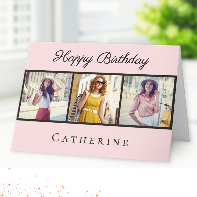 Tarjeta Cumpleaños Feliz Chic Blush Rosa 3 Collage de Foto (An elegant pink birthday card personalized with a name and a collage of 3 photos)