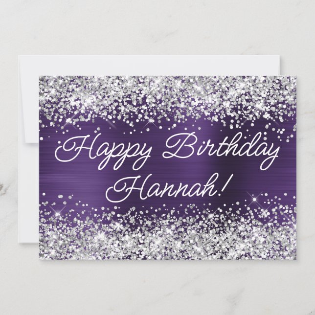 Tarjeta Cumpleaños Feliz con Brillo Plateado y Foil Violet (Anverso)