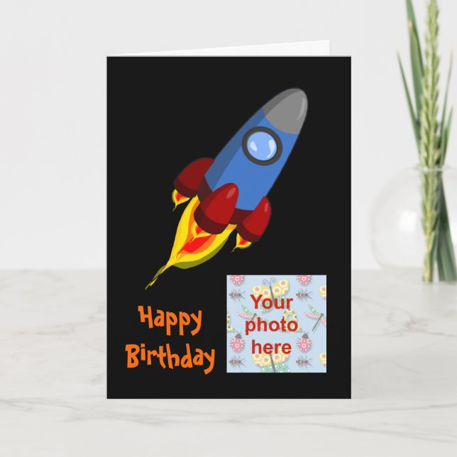 Tarjeta Cumpleaños feliz con cohete de nave espacial para  (Anverso)