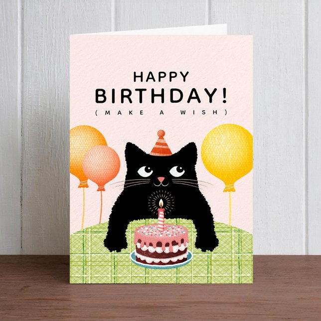 Tarjeta Cumpleaños feliz con gato negro, torta y vela (Subido por el creador)