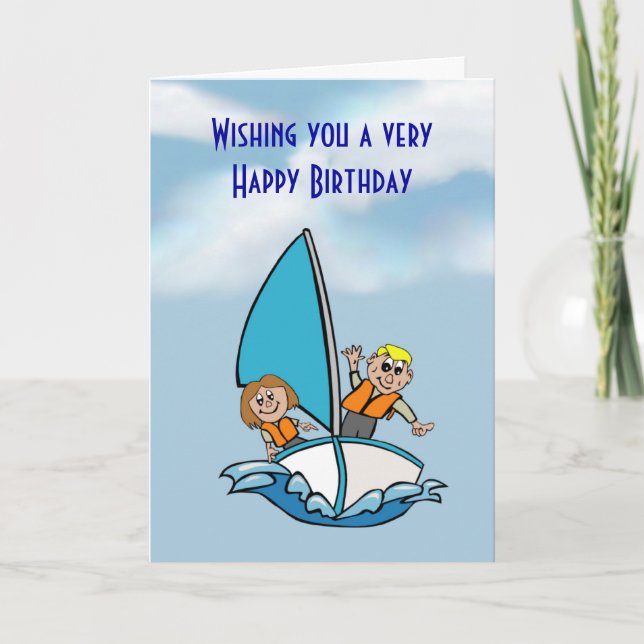 Tarjeta Cumpleaños feliz con niños en barco de vela (Anverso)