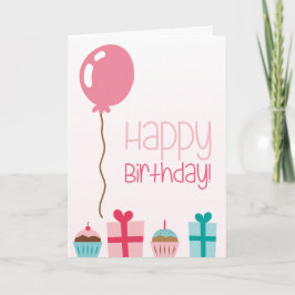 Tarjeta Cumpleaños feliz con pasteles, regalos y velas