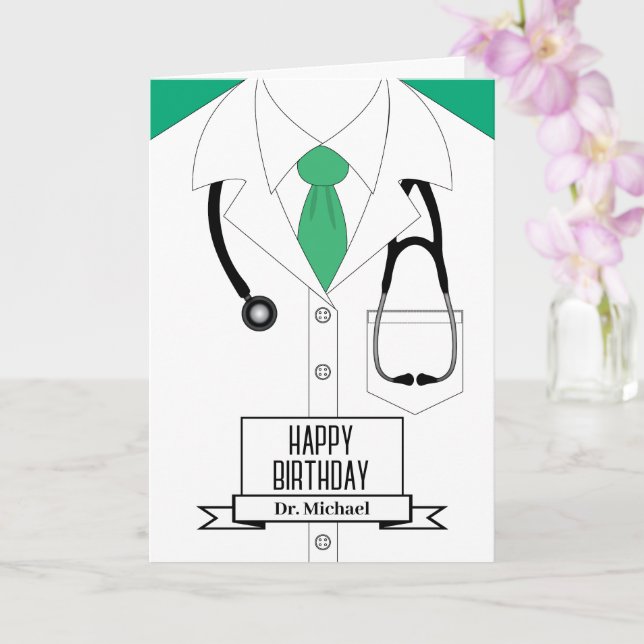 Tarjeta Cumpleaños feliz con Uniforme médico (Orquídea)