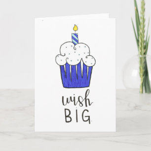 Tarjeta cumpleaños feliz cupcake caligrafía azul mano escr