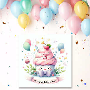 Tarjeta Cumpleaños Feliz Cupcake Rosa Kawaii Adorable 