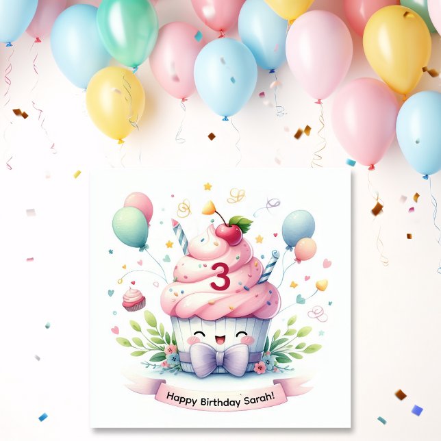 Tarjeta Cumpleaños Feliz Cupcake Rosa Kawaii Adorable  (Subido por el creador)