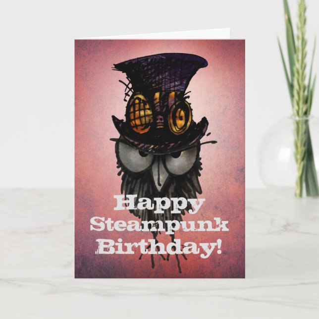 Tarjeta ¡Cumpleaños feliz de Steampunk! - Búho gruñón (Anverso)